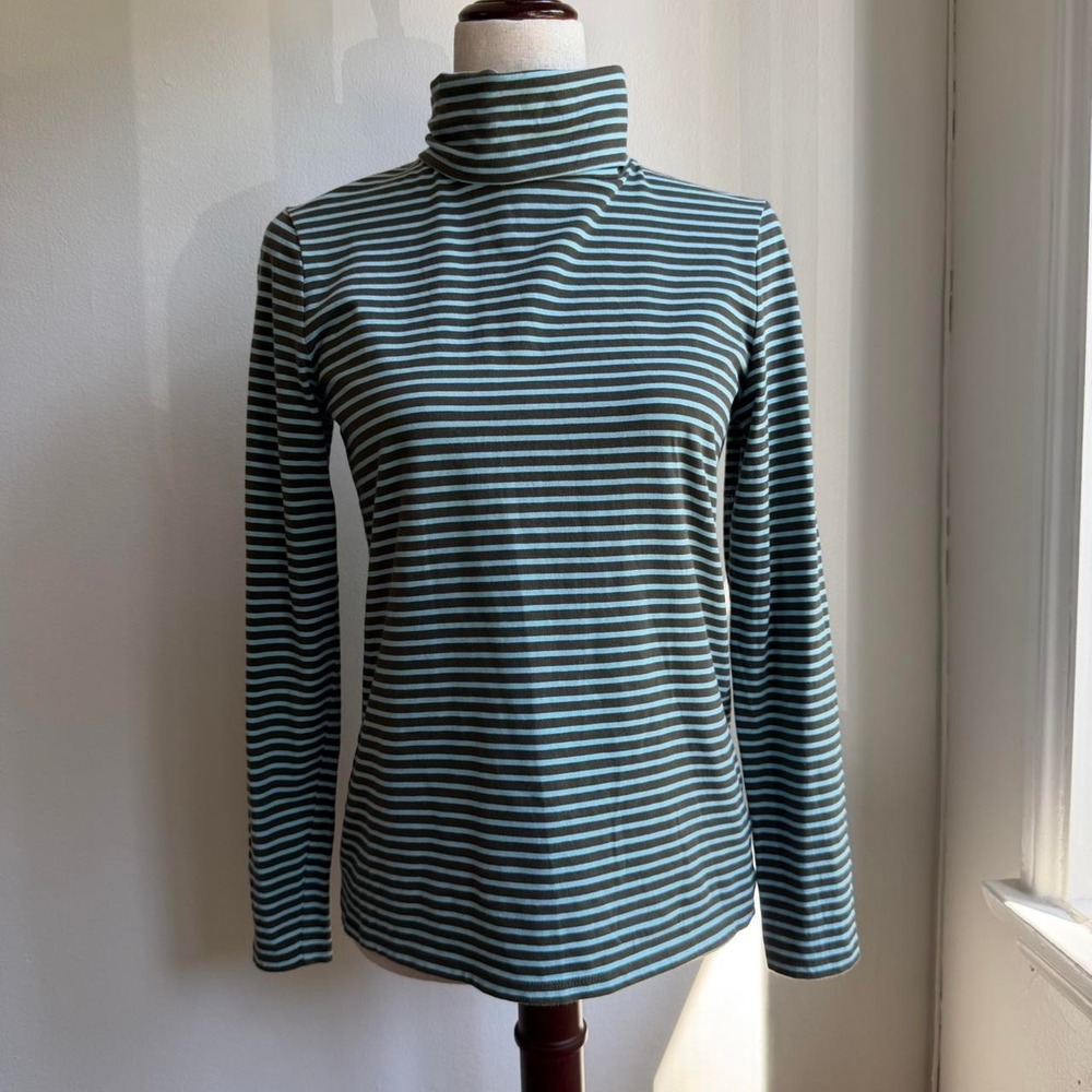 Talbots Brown Blue Striped Turtleneck Long Sleeve Cotton Top Small